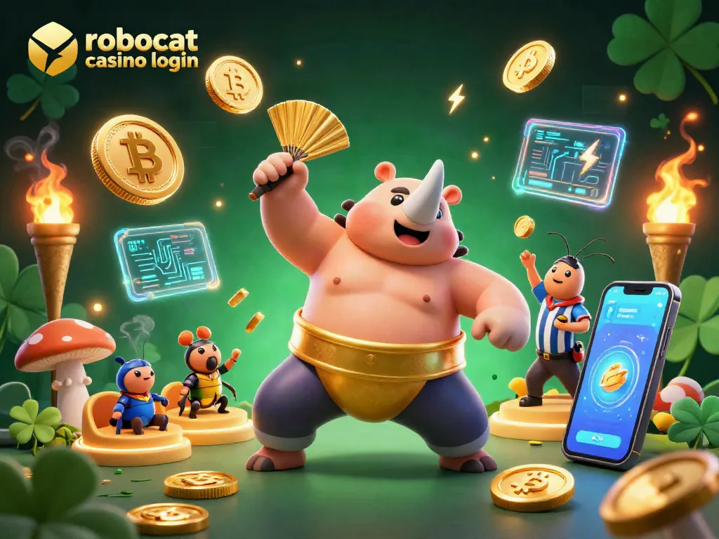 Engage in winning at robocat casino login with a dynamic scene of a sumo beetle champion amidst gold coins and crypto.
