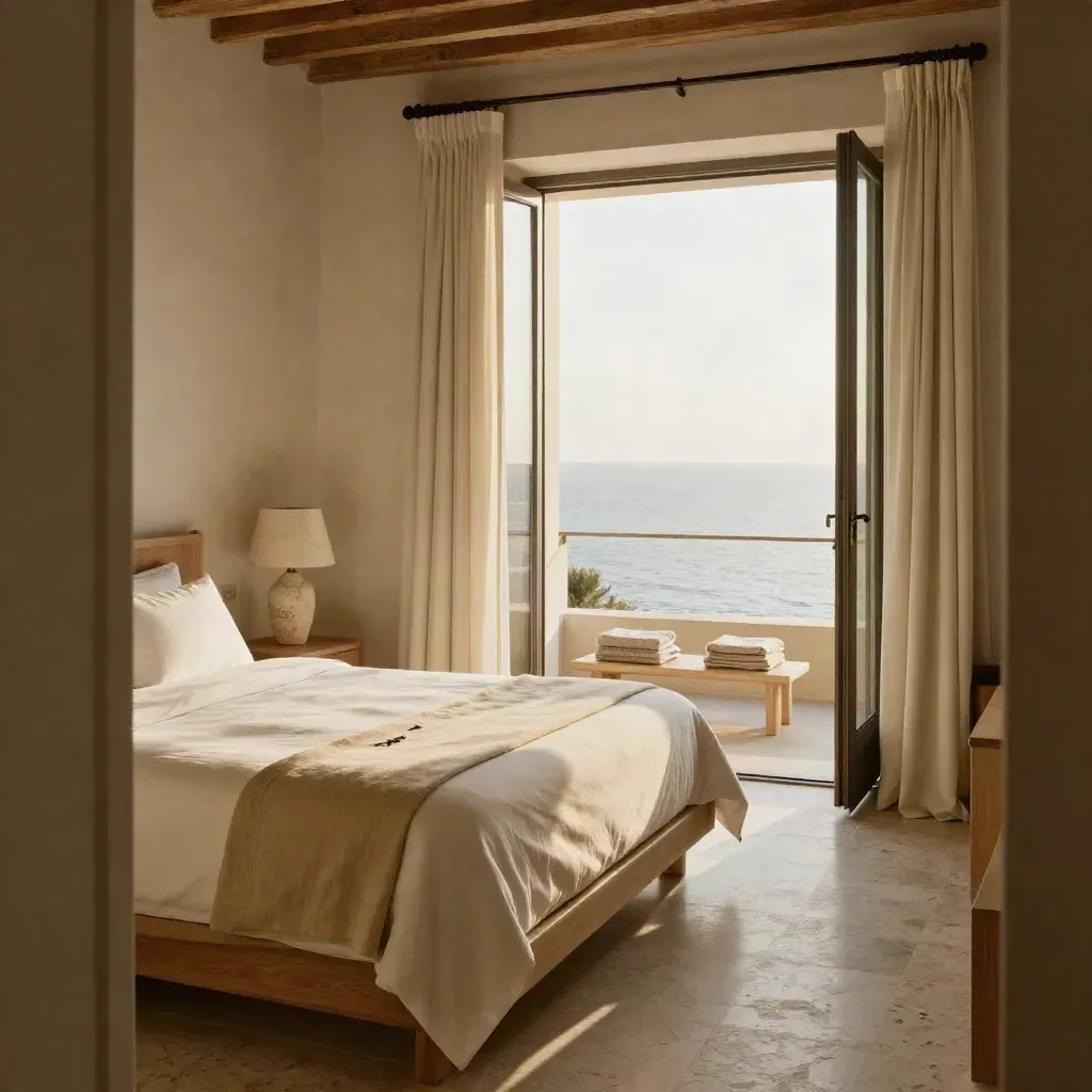 Habitación boutique lista, cama hecha, lámpara de piedra y balcón abierto hacia el mar.