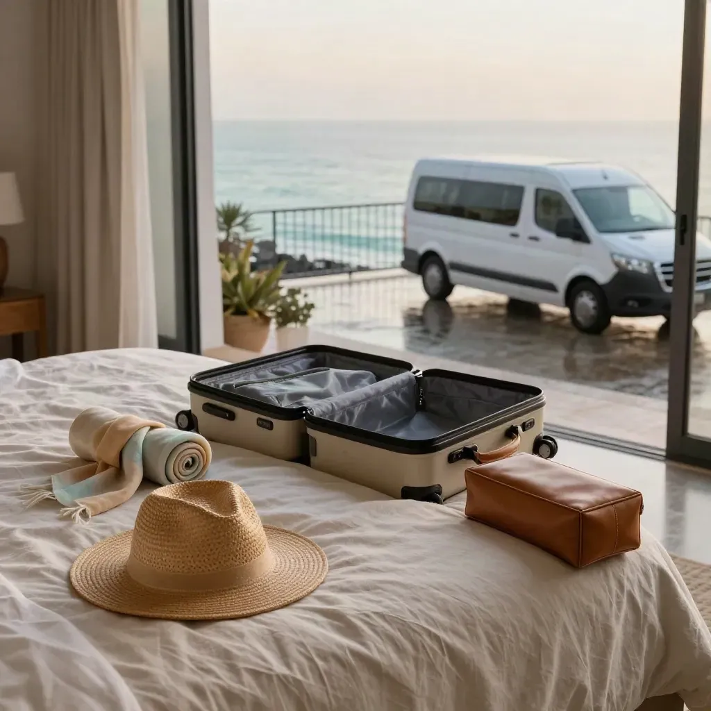 Maleta de viaje junto al mar con sombrero de rafia y furgoneta al amanecer