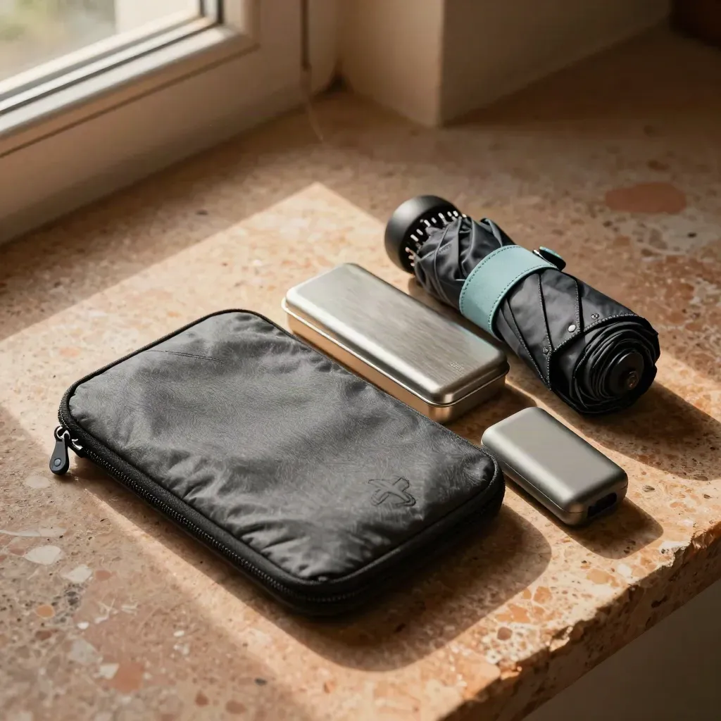 Kit de seguro de viaje con funda, botiquín, cargador, paraguas y localizador sobre piedra.