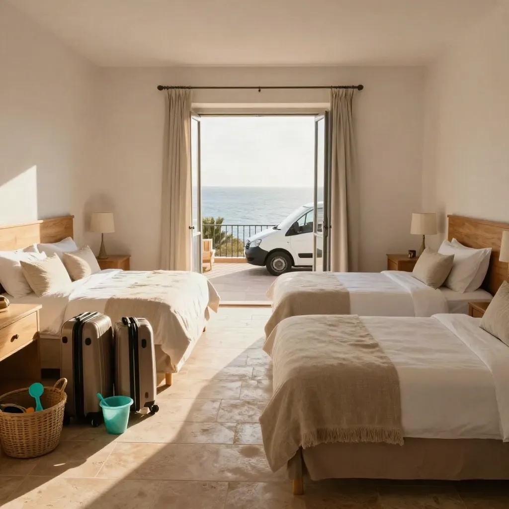 Suite familiar en Mallorca con cuatro camas, maletas de arena, juguetes de playa y minibús al fondo.