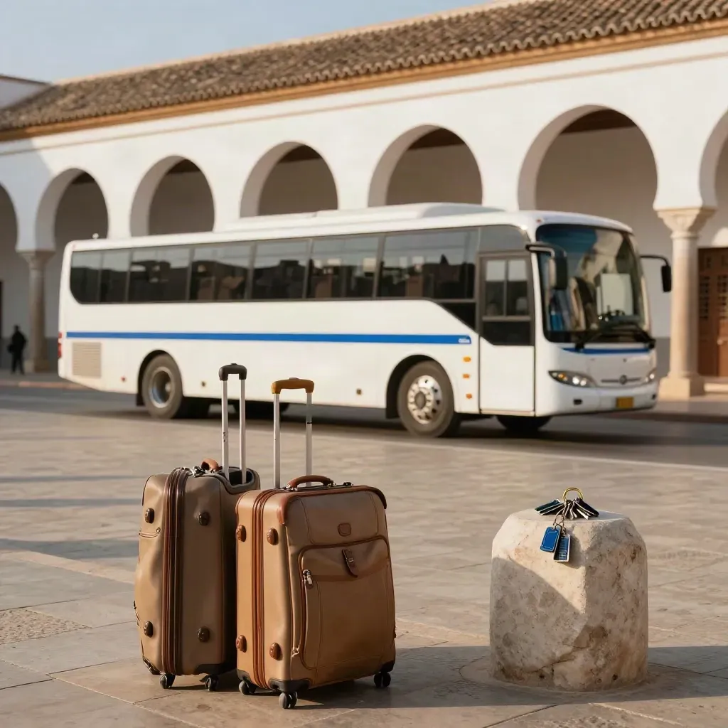Autobús blanco entrando en una plaza andaluza con maletas alineadas y fachada encalada.