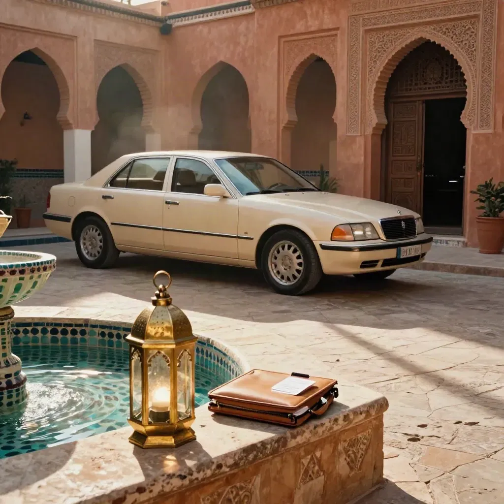 Patio de riad en Marruecos con sedán de traslado, fuente, farol y cartera de viaje cerrada.