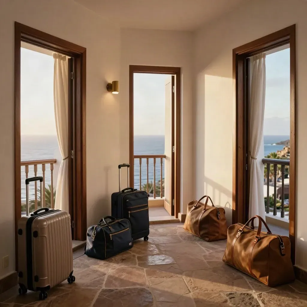 Tres habitaciones contiguas en Tenerife con maletas ordenadas y vistas al océano.