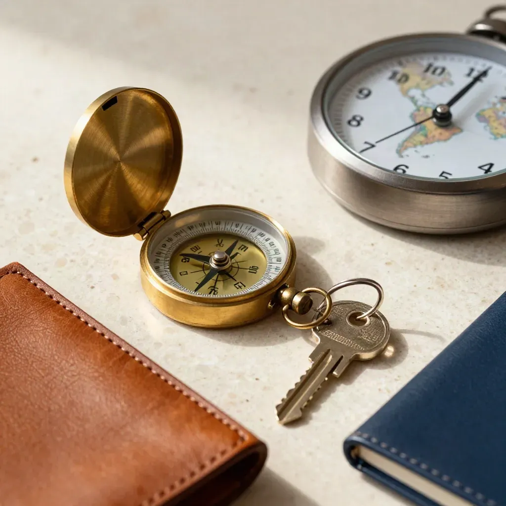 Compás de latón, llaves de hotel y reloj mundial sobre travertino, con bolsa de viaje sellada