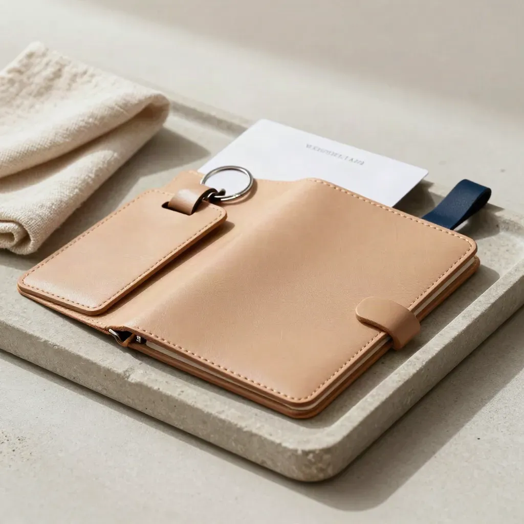 Cartera de viaje, funda de pasaporte, etiquetas y tarjeta de hotel sobre una bandeja de piedra.