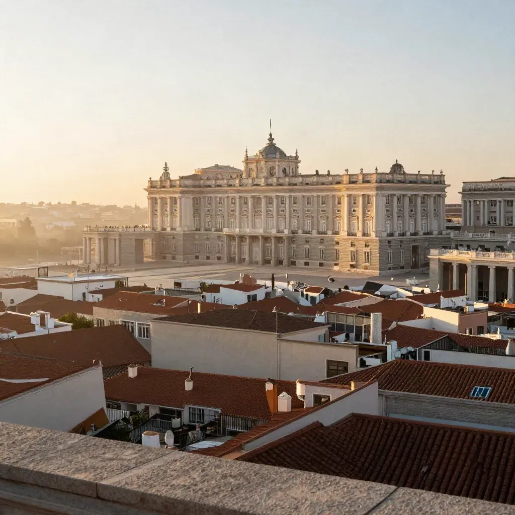 Madrid al amanecer con el Palacio Real y tejados bajo una bruma dorada.