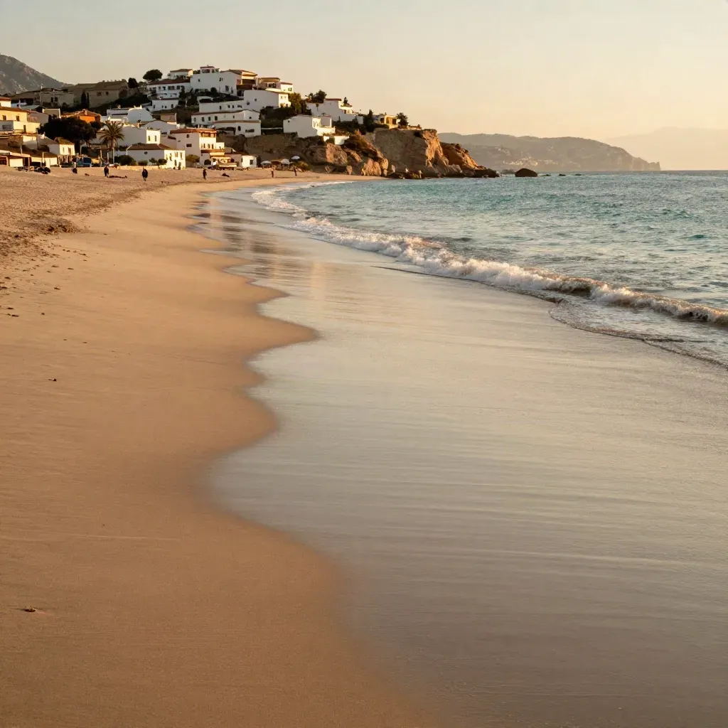 Costa del Sol al atardecer con costa luminosa, playa amplia, mar turquesa y tejados bajos.