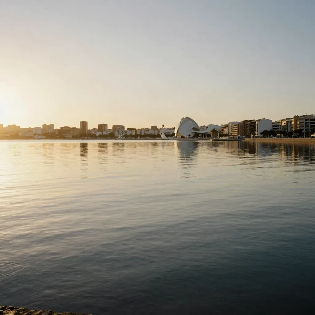 Vista costera de Levante con Valencia reflejada en agua calma al atardecer.
