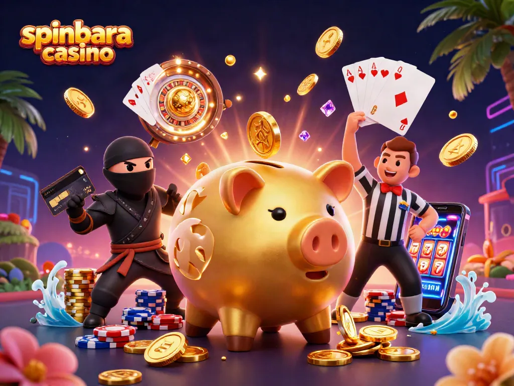 Win big at spinbara casino with a vibrant scene of cheerful characters celebrating their jackpot alongside casino icons.