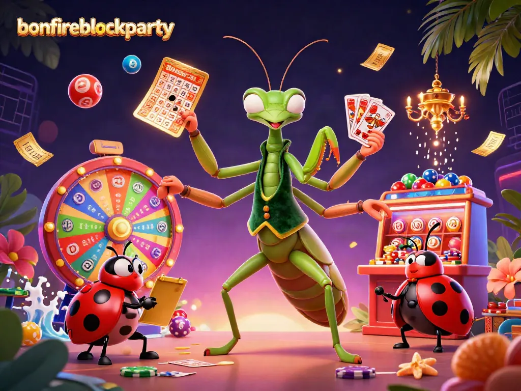 Experience the excitement of bonfireblockparty with vibrant gambling elements and animated casino characters.